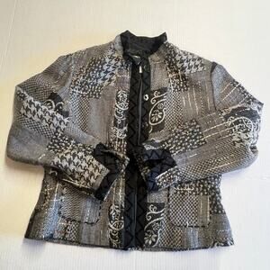 Coldwater Creek Womens Tweed Jacket Black Plaid Patch Size PS